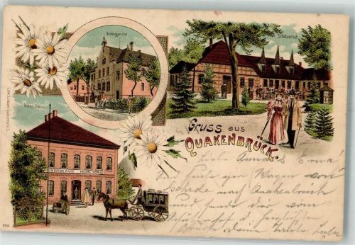 49610 W4570 Quakenbrück 1899 Lithographie Gasthaus zum Roten Hause Postkutsche Amtsgericht Gasthaus Schützenhof Gasthausstempel