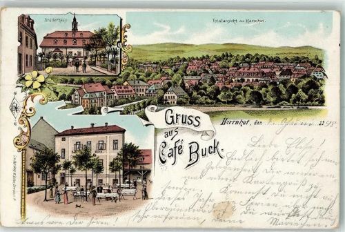 02747 O8709 Herrnhut 1898 Lithographie Cafe Buck Garten Brüderhaus