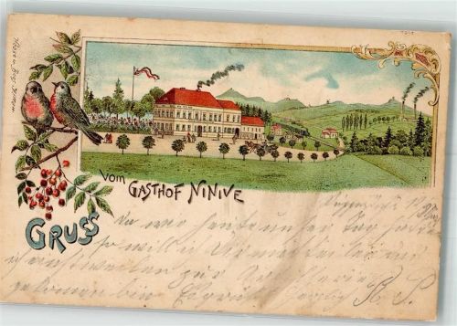 02747 O8709 Herrnhut 1900 Lithographie Gasthaus Ninive Singvögel Vogelbeeren