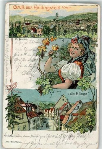 Heidingsfeld 1905 Lithographie "Die Klinge" Weintrauben Tracht sign. Greiner