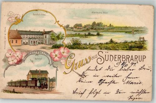 Süderbrarup 1897 Lithographie Bahnhof Bahnhof-Hotel Altersthum-Moor