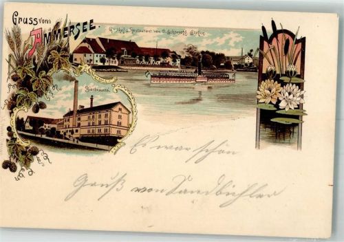 Stegen Lithographie Ammersee Bierbrauerei Gasthaus Schreyegg Seerosen Ausflugsdampfer