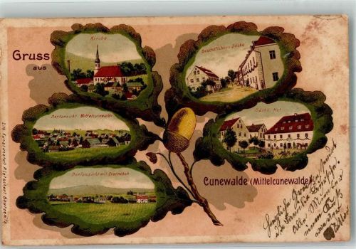 Cunewalde Lithographie Eichenblatt Mittelcunewalde Dorfkirche Geschäftshaus Döcke Sächs. Hof