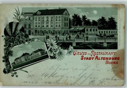 Borna 1901 Lithographie Gasthaus Stadt Altenburg Kaserne Mondschein