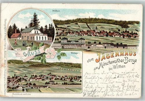 02681 O8609 Wilthen 1902 Gebrauchsspuren Lithographie Mönchswalder Berge Gasthaus Jägerhaus Bahnhof