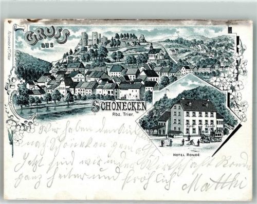 Schönecken 1903 Lithographie Hotel Ronde Postkutsche Erh. II-Einriss