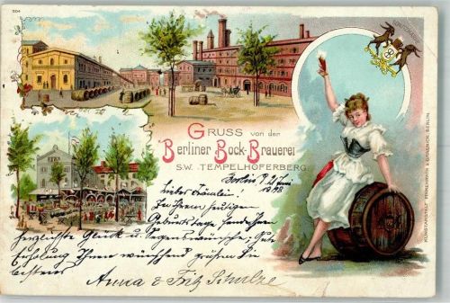 Tempelhof 1898 Lithographie Berliner Bock-Brauerei Gartenwirtschaft Kellnerin Bierfaß Erh. II-Stauchung u. Einriß