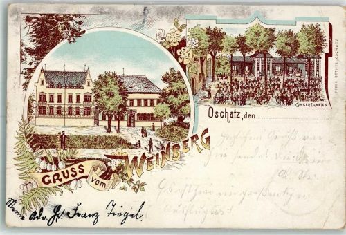 Oschatz 1897 Lithographie Gasthaus Weinberg Konzertgarten