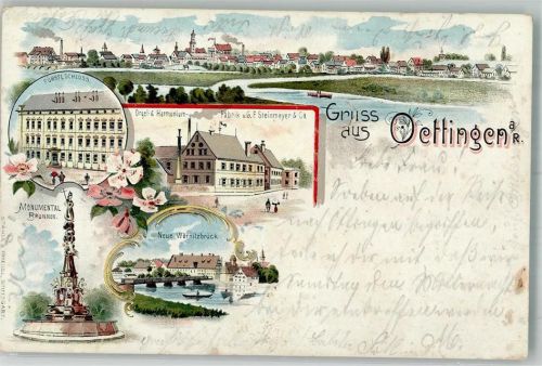 Oettingen Lithographie Fürstl. Schloß Monumental-Denkmal Neue Wornitzbrücke Orgel-Fabrik