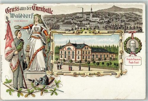 Walddorf Lithographie Turnhalle Walddorf Siegesgöttin Turner Füllhorn