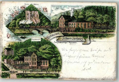 Niederstriegis 1899 Lithographie Vorläufer Ruine Kempe Gasthaus Schweizerhaus Garten