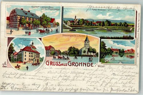 31860 W3254 Grohnde 1904 Lithographie Dorfteich Gasthaus zum weissen Ross Domaine Hofseite