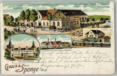 32139 W4905 Spenge 1915 Gebrauchsspuren Lithographie Gasthaus zum Deutschen Kaiser Rittergut Mühlenburg Cigarrenfabrik Engelhardt & Biermann Bahnhof