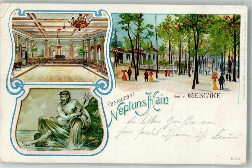 Niederschöneweide 1905 Lithographie Gasthaus Neptun's Hain Ballsaal Garten Neptun Dreizack