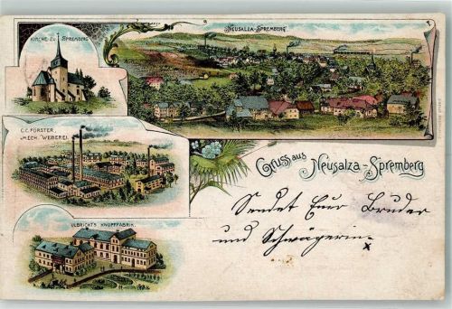 Neusalza-Spremberg 1897 Lithographie Mech. Weberei Förster Knopffabrik Ulbricht Spremberger Kirche beschnitten