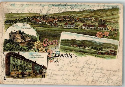 Barbis 1899 Lithographie Ruine Scharzfels Gasthaus Künemund
