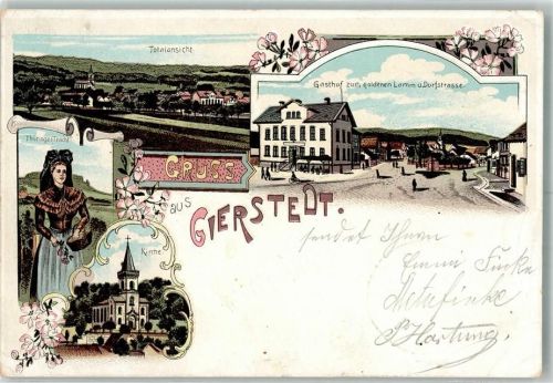 Gierstädt 1901 Lithographie Volkstracht Gasthaus zum goldenen Lamm Dorfkirche Stauchung