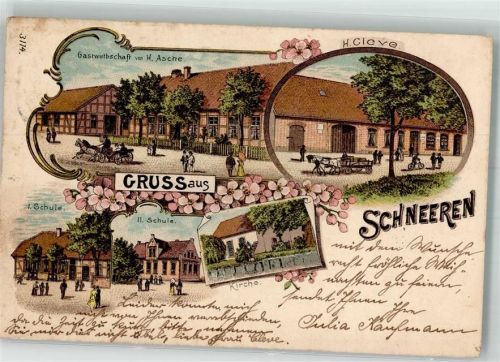 Schneeren 1907 Gasthaus Asche I. und II. Schule Kirche Stauchung