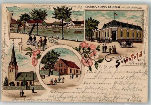 Schönfeld 1900 Lithographie Gasthaus Bausdorf Flußufer Möwen Kirche