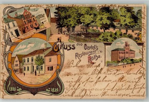 Rötha 1902 Lithographie Gasthaus Oertel Gartenwirtschaft Post Postkutsche