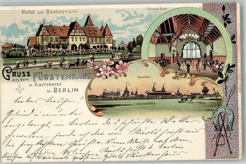 10115 O1157 Karlshorst 1899 Gebrauchsspuren Lithographie Rennbahn Hotel & Gasthaus Fürstenhaus Ballsaal Hufeisen Reitergerte