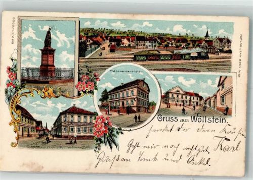 55597 W6556 Wöllstein , Rheinhess 1902 Lithographie Präparandenanstalt Denkmal Eisenbahn
