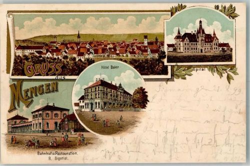 Mengen 1899 Bahnpost K. Würt 21.8.99 282 Hotel Baier Bahnhof u. Gasthaus Spital