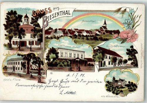 Biesenthal 1901 Lithographie Hotel zur Flora Hotel Adermann Altes Rathaus Gesellschaftshaus Bahnhof Berlin-Stolpe Zg. 556