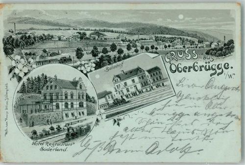 Oberbrügge 1901 Lithographie Bahnhof Hotel-Gastaus Süderland Mondschein