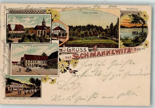 Schmannewitz 1903 Lithographie Jägerdenkmal Gasthaus zu Schmannewitz Waldteich