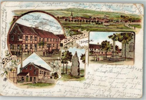 Burgdorf 1904 Lithographie Gasthaus Krene Molkerei Kaiserpfalz Werla Kriegerdenkmal