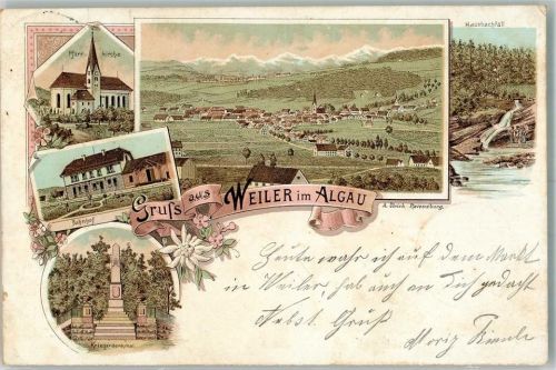 88239 W7988 Weiler im Allgäu 1898 Lithographie Pfarrkirche Bahnhof Kriegerdenkmal Hausbachfall
