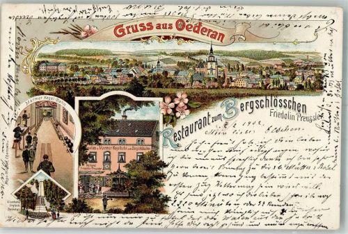 09569 O9388 Oederan 1902 Gebrauchsspuren Lithographie Gasthaus zum Bergschlößchen Mamor Kegel-Bahn Eisenbahn-Unglücks-Denkmal