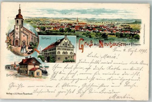 Neuhausen 1898 Rathaus Kirche Bahnhof