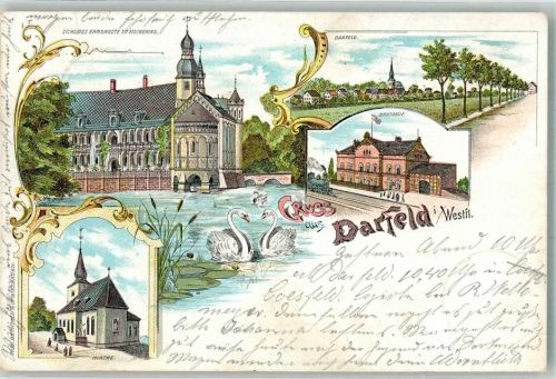 48720 W4428 Darfeld 1898 Lithographie Schloss Erbdroste zu Fischering Bahnhof Schwan