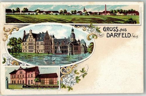 48720 W4428 Darfeld Lithographie Schloss Erbdroste zu Vischering Bahnhof Eisenbahn