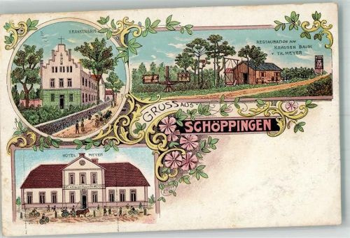 48624 W4437 Schöppingen Lithographie Krankenhaus Gasthaus Am krausen Baum Hotel Meyer