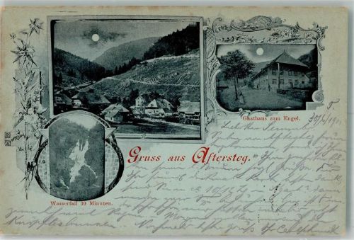 79674 W7868 Aftersteg 1900 Mondschein Wasserfall Schwarzwaldhäuser Gasthaus zum Engel
