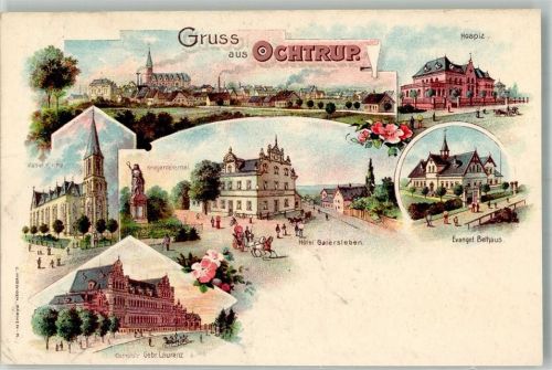 48607 W4434 Ochtrup Lithographie Hospiz Ev. Bethaus Hotel Gatersleben Kriegerdenkmal