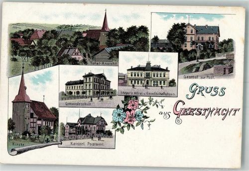 21502 W2054 Geesthacht Lithographie Gemeindeschule Kaiserl. Postamt