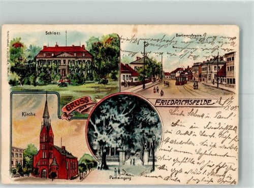 10115 W1000 Friedrichsfelde 1905 Gebrauchsspuren Lithographie Schloß Berlinerstraße Parkeingang