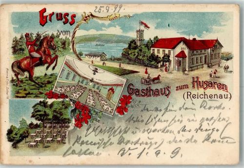 Reichenau i. Sachsen 1899 Lithographie Gasthaus zum Husaren Saal Husar Bahnpost Zittau-Reichenau Zg.612