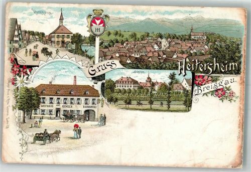 Heitersheim Lithographie Gasthaus-Brauerei zum Ochsen Schloß Heitersheim Rathaus Wappen