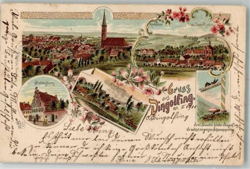 84130 W8312 Dingolfing 1901 Lithographie Herzogsburg Hochbrücke Franziskanerkloster