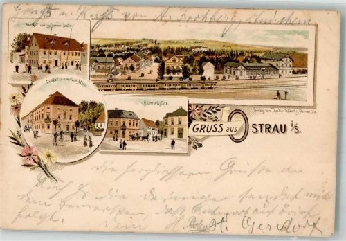 Ostrau 1904 Lithographie Vorläufer Bismarckplatz Gasthg zum wilden Mann Bahnhof Gasthaus zur goldenen Taube