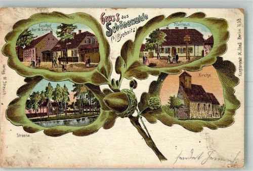 Schönewalde Lithographie Eichenblatt Gasthaus Strauch Pfarrhaus Kirche