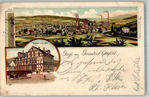 Geisweid 1903 Lithographie Gasthaus Schaefer Fabriken Bahnpost Hagen-Betzdorf Zg. 1244