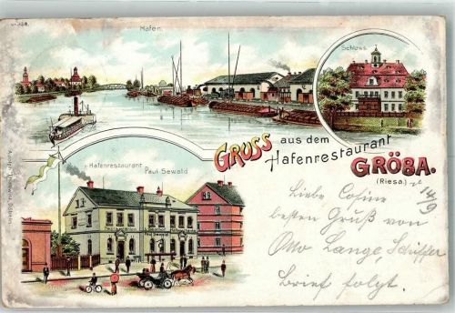 Gröba 1902 Lithographie Hafen-Gasthaus Hafen Frachtschiffe Schloß