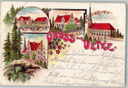 31311 W3162 Uetze 1900 Gebrauchsspuren Lithographie Farn Pfarrhaus Gut von Baron v. Lüneburg Schule