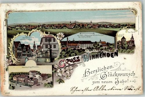 Winnenden 1898 Marktbrunnen Kgl. Heil- u. Pflegeanstalt Torturm Diebsturm K. Württ. Post Fünf Pfennig